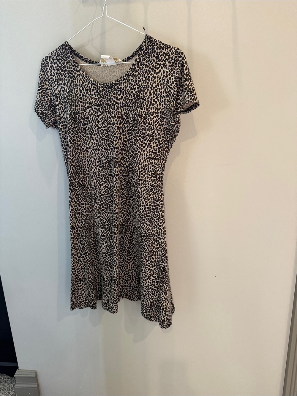 Leopard Print Short Sleeve A-Line Dress - Beige/Black